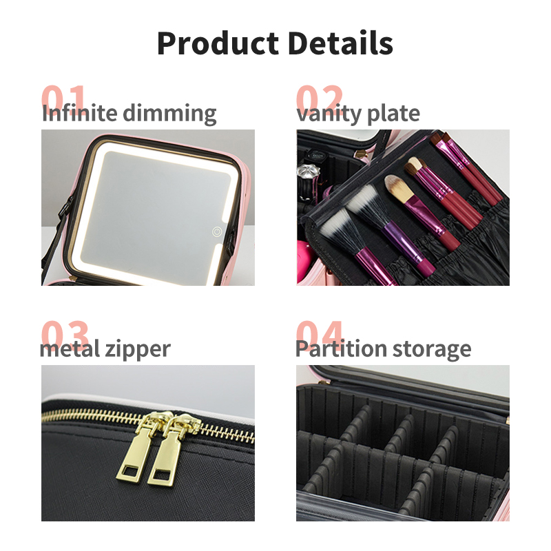 Custom Vanity Cosmetics Case Makeup Bag Travel Organizer Make Up Makeup Box With Led Light Mirror