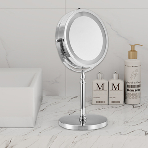 Popular Chrome Metal LED Desktop Mirror 360 Rotation With Stand Makeup Mirror 1X 7X For Home Use Wholesale Available