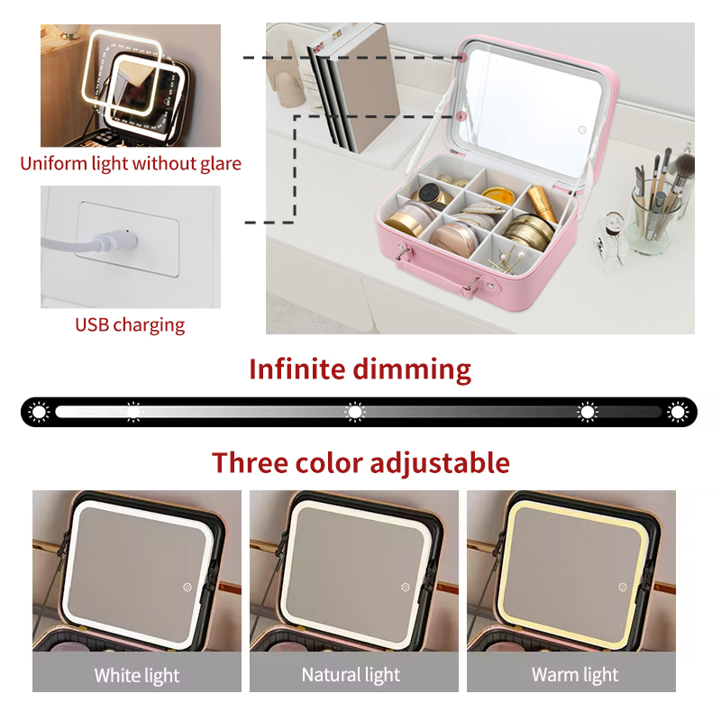 Custom Professional Travel Makeup Bag with LED Mirror Square PU Material From Chinese Supplier-Wholesale Options Available