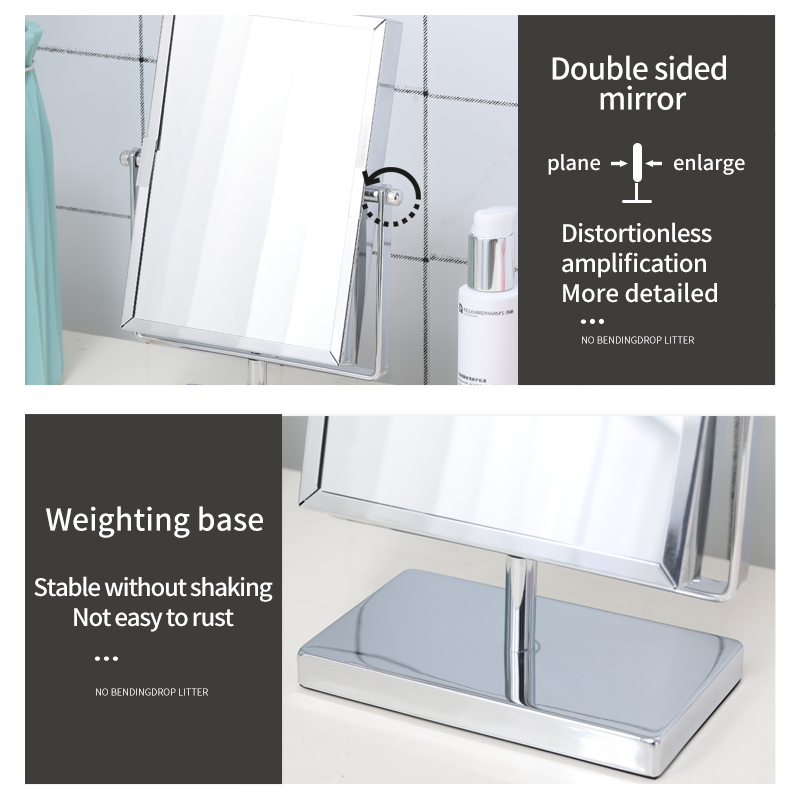 Double Sided Magnifying Rectangular Framed Bathroom Makeup Mirror With Stand