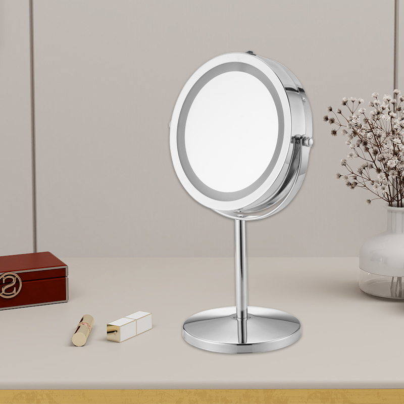 Wholesale Chrome Metal LED Desktop Makeup Mirror 360 Rotation with Stand Lighted Double Sided Popular for Home Use