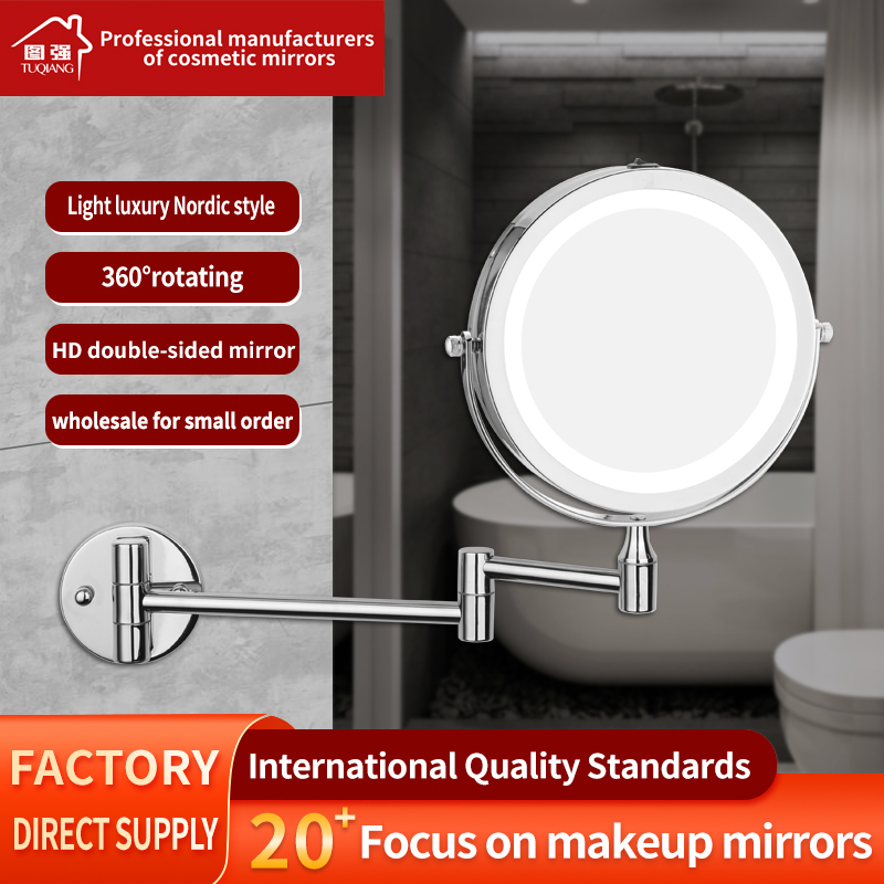 Small LED Magnifying Touch Screen Makeup Mirror Wall Mounted Iron Frame Battery Operated Personalized Bathroom Mirror Decoration